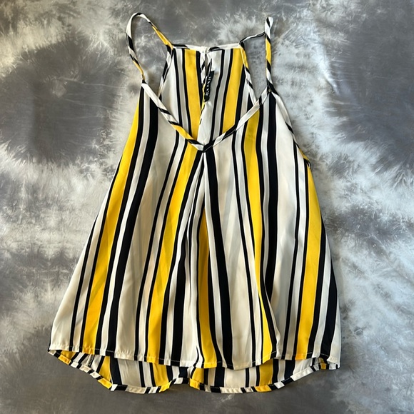 kanji Tops - Kanji Yellow Navy Dark Blue and White Tank Top Blouse V Neck Striped Vertical